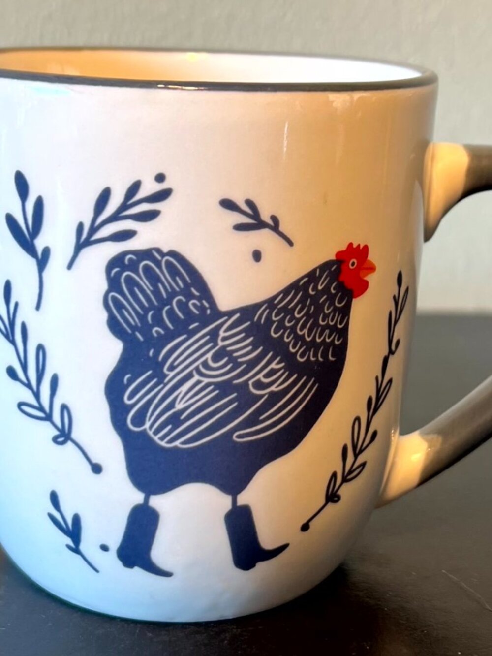 Cottagecore Folk Art Blue Chicken Mug Hen in Boots Country Ceramic Coffee Cup